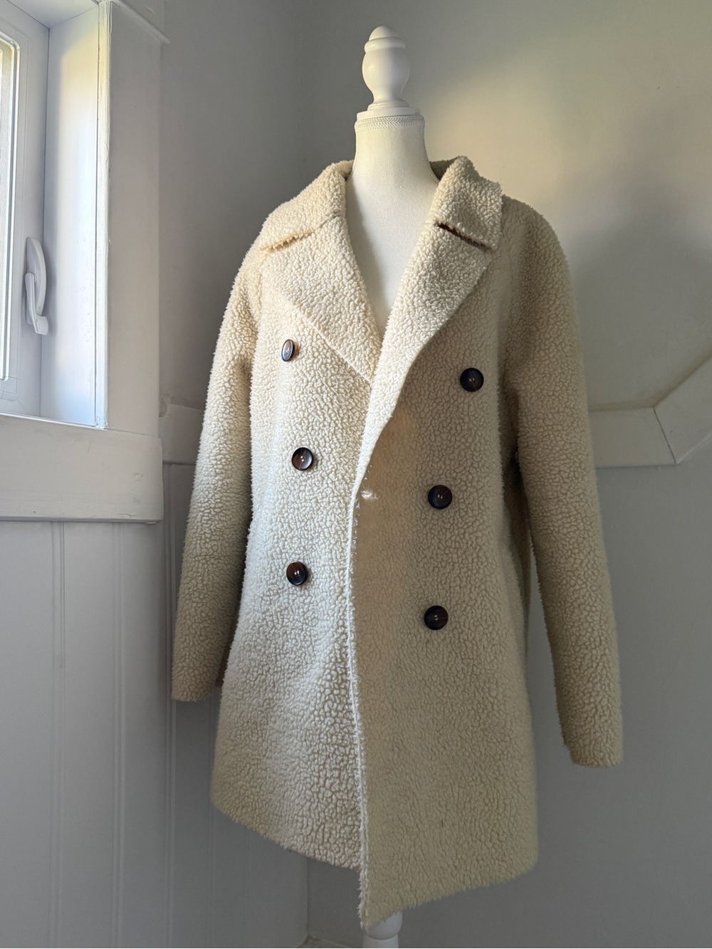 Cream Teddy Sherpa Double Breasted Longline Coat Women’s S EU 36 NWOT